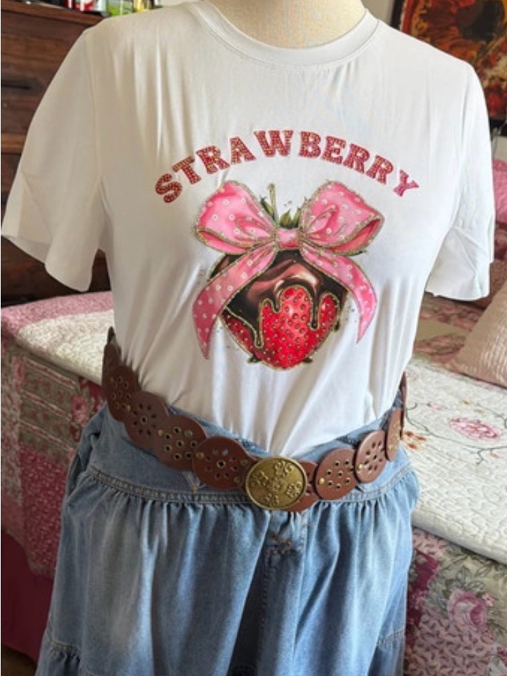 White Strawberry Graphic Tee with Pink Bow